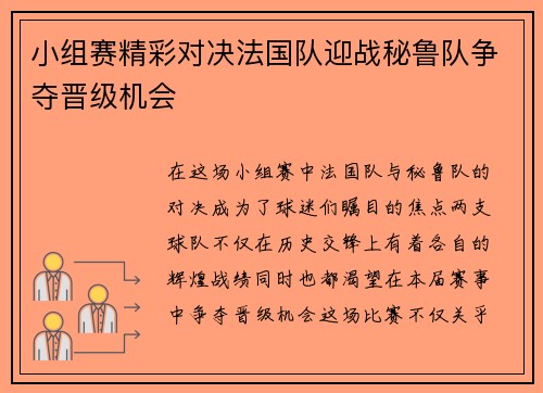 小组赛精彩对决法国队迎战秘鲁队争夺晋级机会