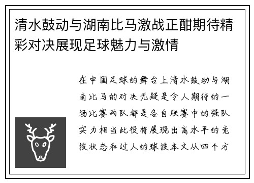 清水鼓动与湖南比马激战正酣期待精彩对决展现足球魅力与激情